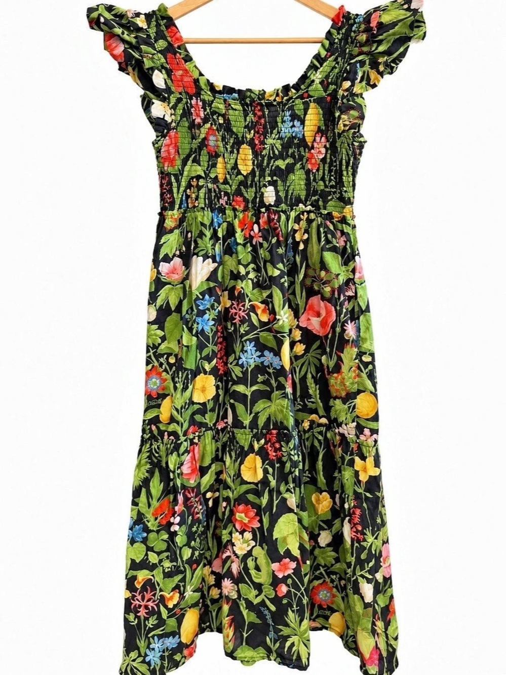 Tuckernuck Hyacinth House Black Leafy Floral Smocked Seaton Midi Dress Seaton